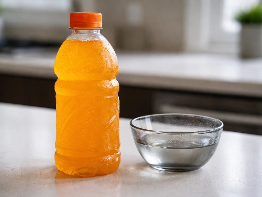Sealed Gatorade bottle on a kitchen counter beside a dark, slightly foggy bowl suggesting mold growth.