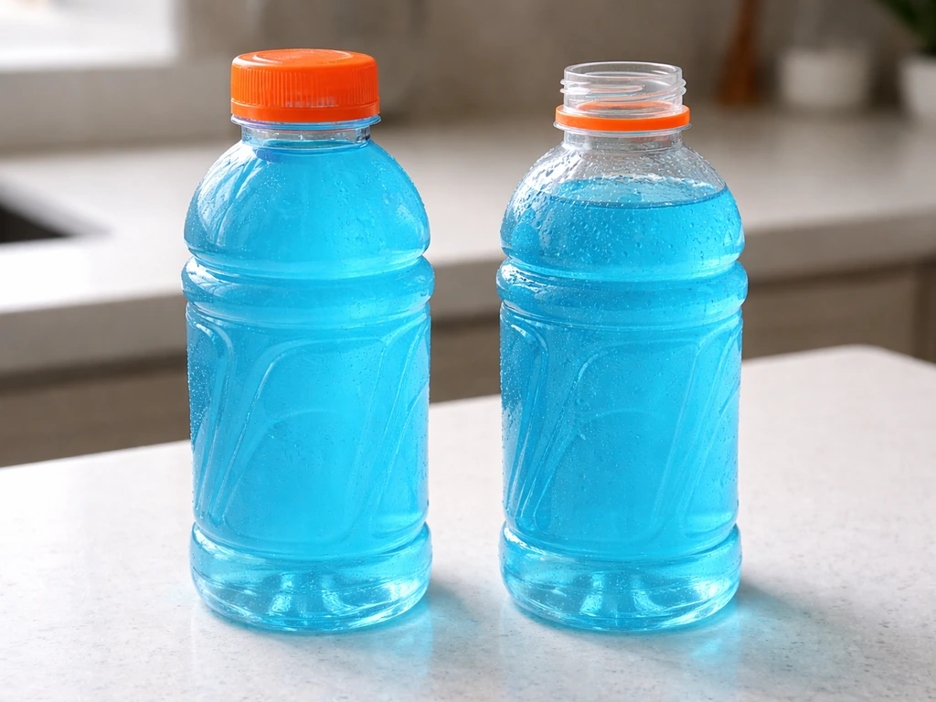 Two similar sports drink bottles side-by-side: one sealed, one opened with condensation on the rim.