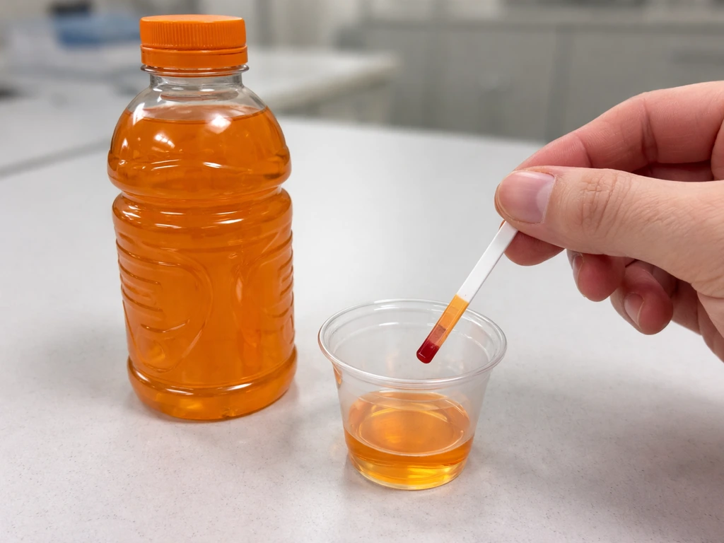 Amber sports drink bottle beside a cup while a pH test strip is dipped, showing low-pH color.