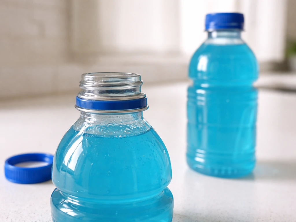 Close-up of an opened bottle with wet rim from mouth contact beside a sealed second bottle.