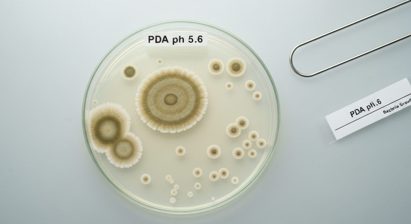 Overhead view of a PDA petri dish showing prominent fungal colonies across the agar and a few small bacterial colonies at the edges, on a lab bench with an inoculation loop.