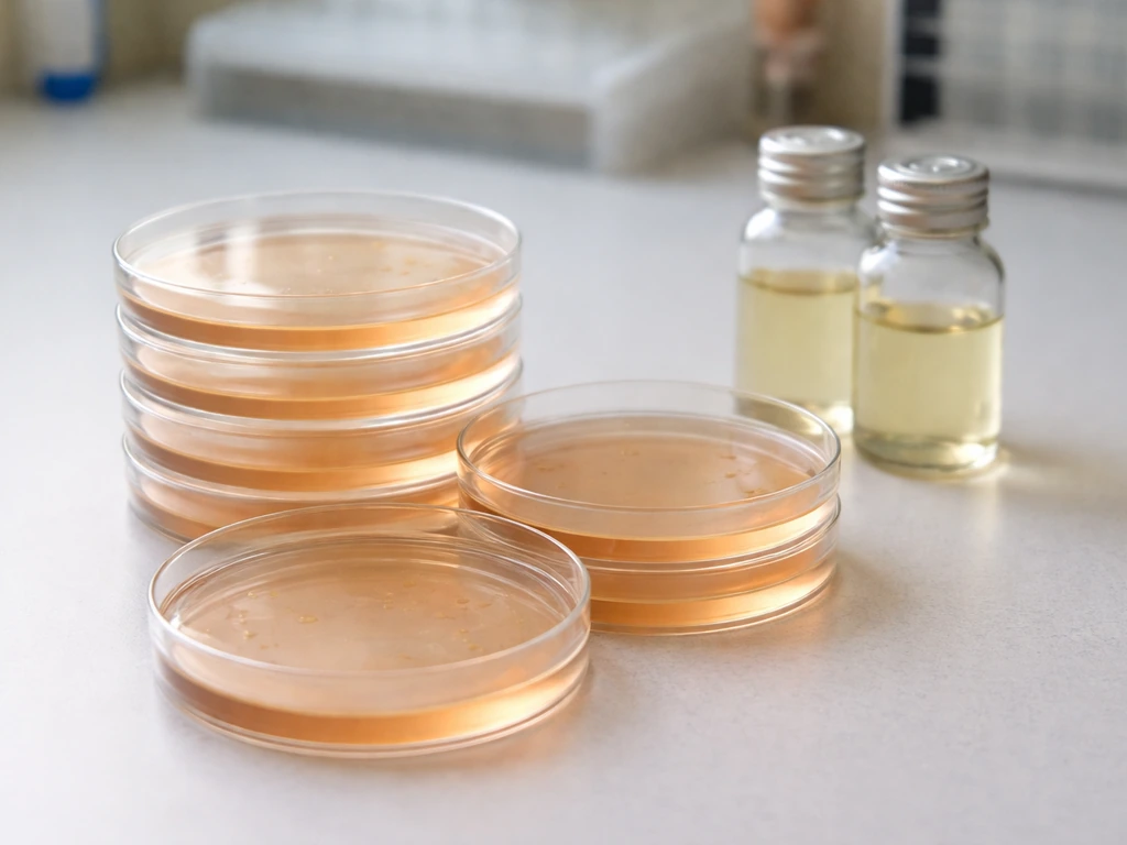 Assorted clear culture bottles and agar plates on a lab bench, suggesting nutrient media for many bacteria