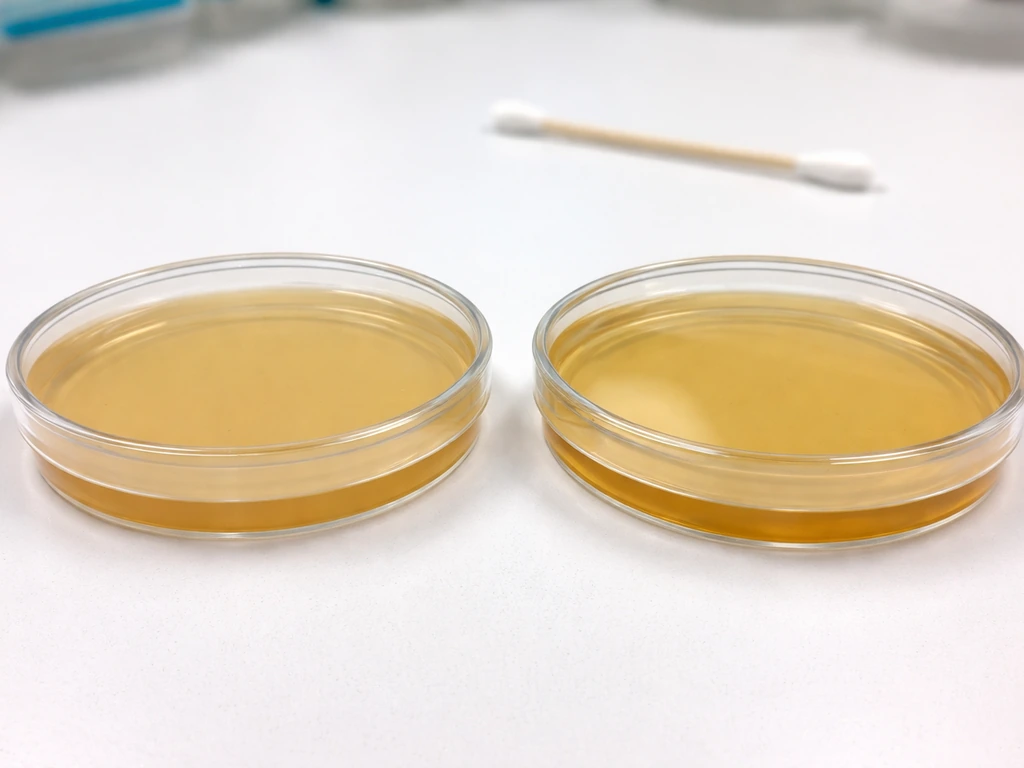 Two unlabeled agar plates side-by-side on a clean lab bench under natural light.