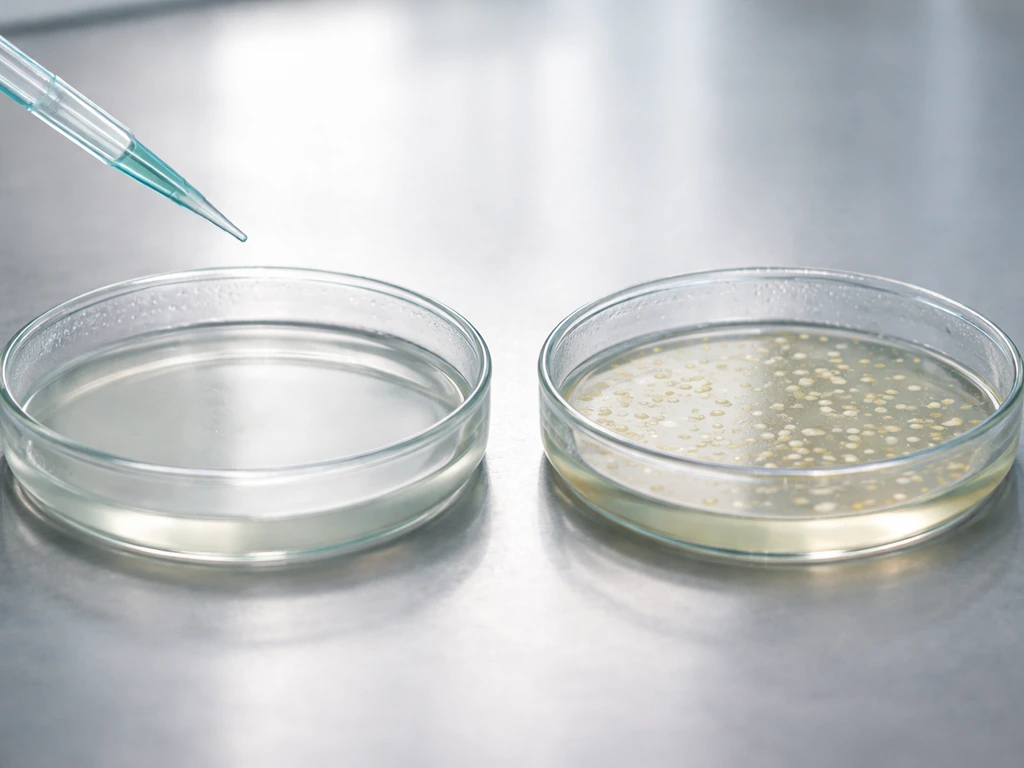 Close-up of petri dishes showing no growth on standard agar, then clear growth on enriched agar.