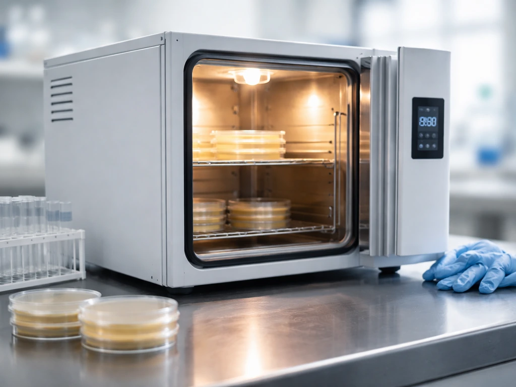 Lab incubator and sterile culture plates on a bench, emphasizing correct temperature growth conditions.