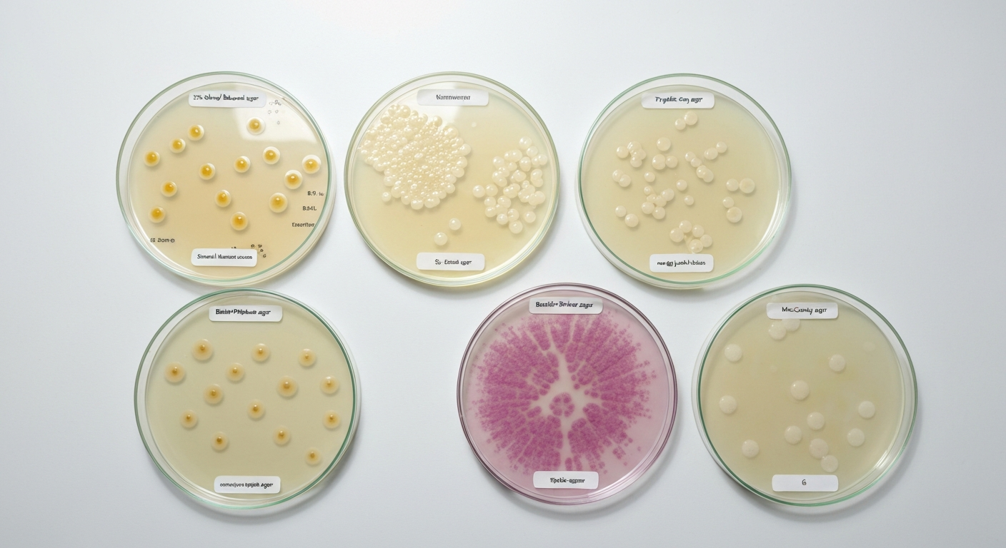 Top-down photo of multiple agar plates showing S. aureus growth patterns: blood agar with hemolysis, TSA, MSA with yellow zones, Baird‑Parker black colonies, chromogenic mauve colonies, and MacConkey with no growth.