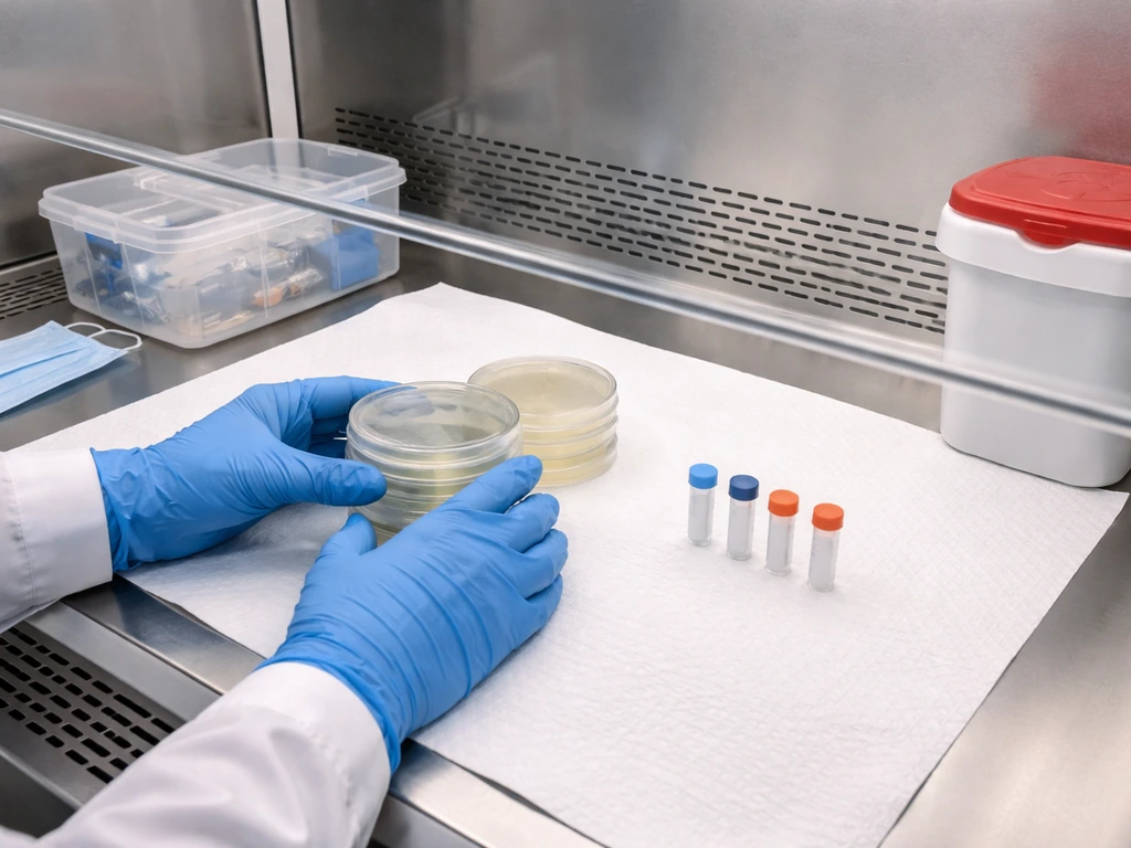 Clean biosafety bench with PPE and sealed agar plates for safe bacterial culturing.