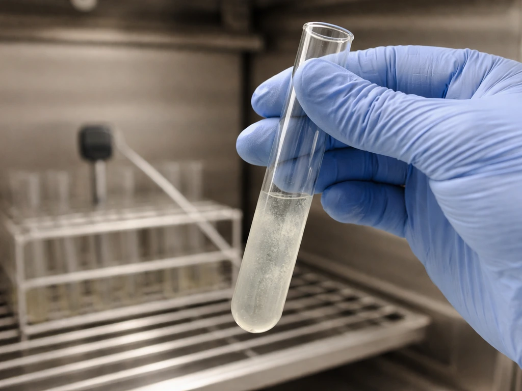 Gloved hand holding a test tube in a clean incubator area with a temperature probe nearby.