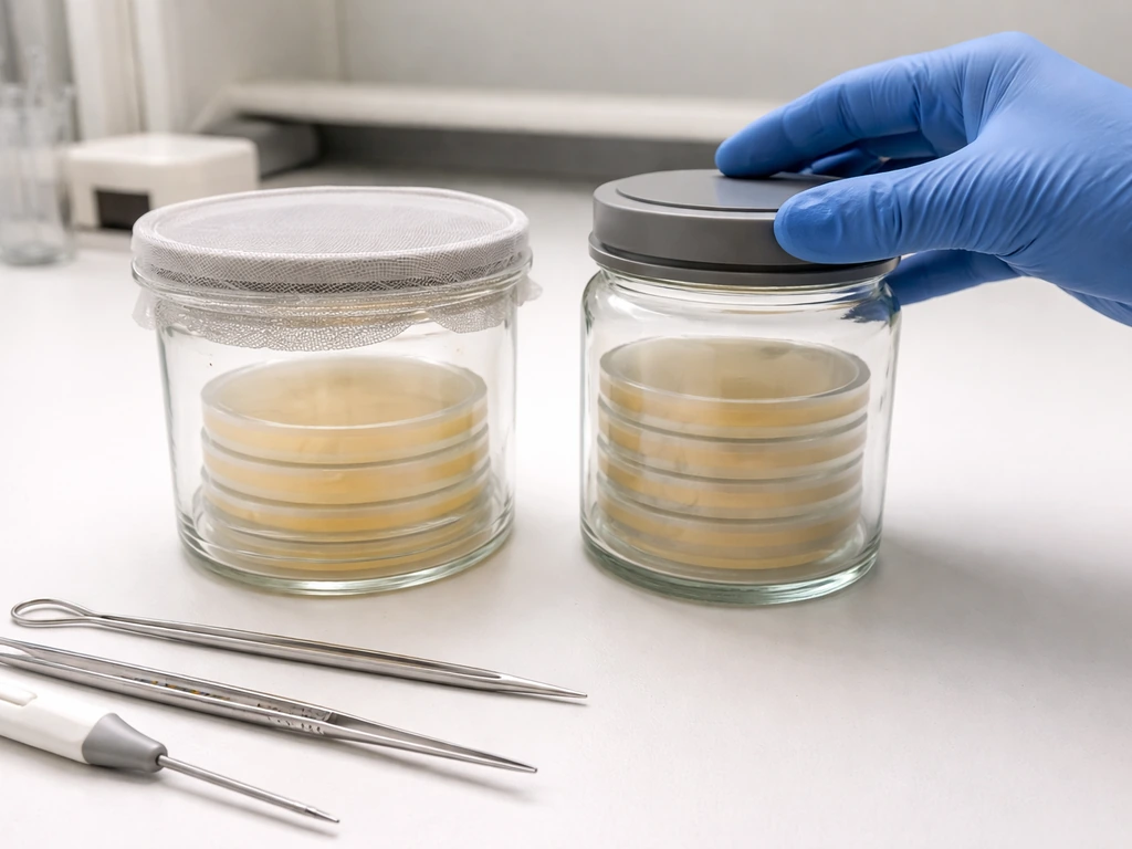 Close view of two labeled-free incubation setups: open oxygen-permeable container and sealed jar with sterile materials.