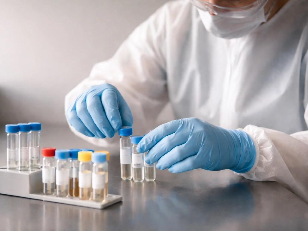 Gloved hands in a lab coat wearing safety goggles while handling labeled culture containers in a clean lab