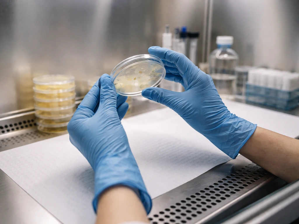 Gloved hands holding an inverted agar plate near a biosafety cabinet during aerosol-safe workflow.