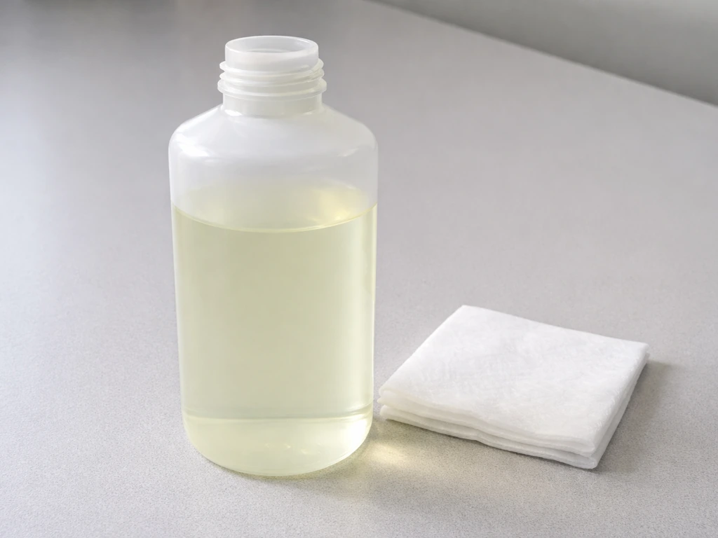 Translucent spill-cleanup bottle with visible bleach solution on a clean lab bench near an absorbent pad.