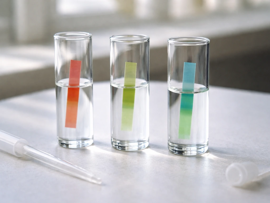 Close-up of a pH indicator strip showing neutral around 7 with separate acidic and alkaline color zones.
