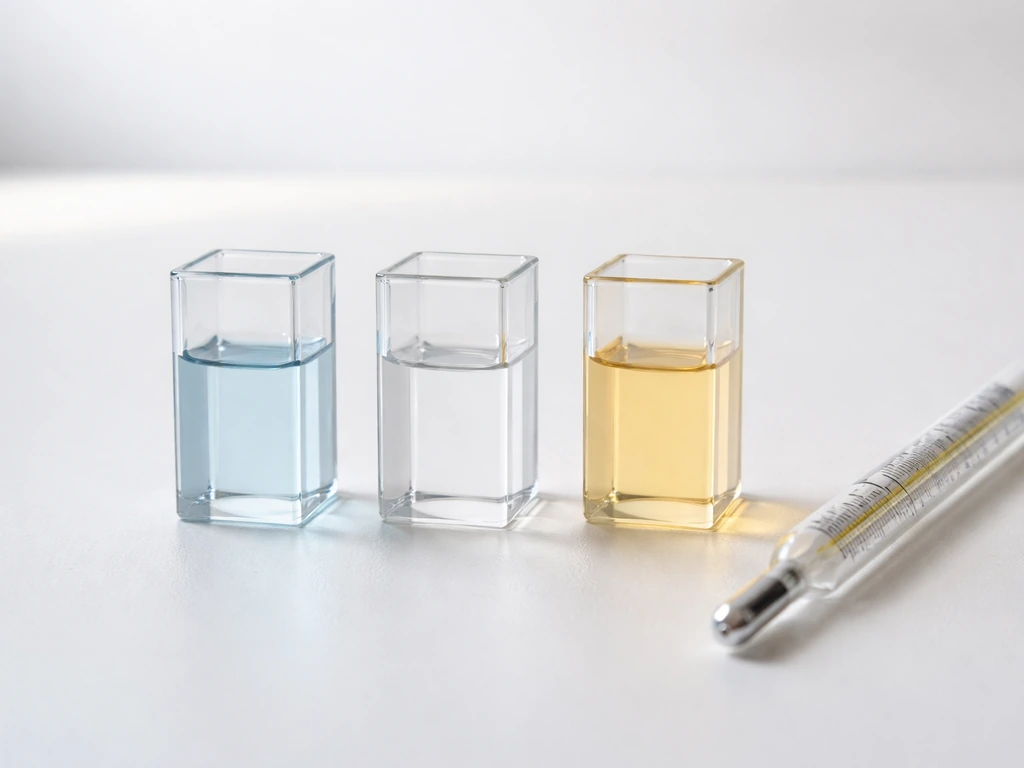Three cuvettes suggesting acidic, neutral, and alkaline with an analog thermometer by them in bright minimal light.