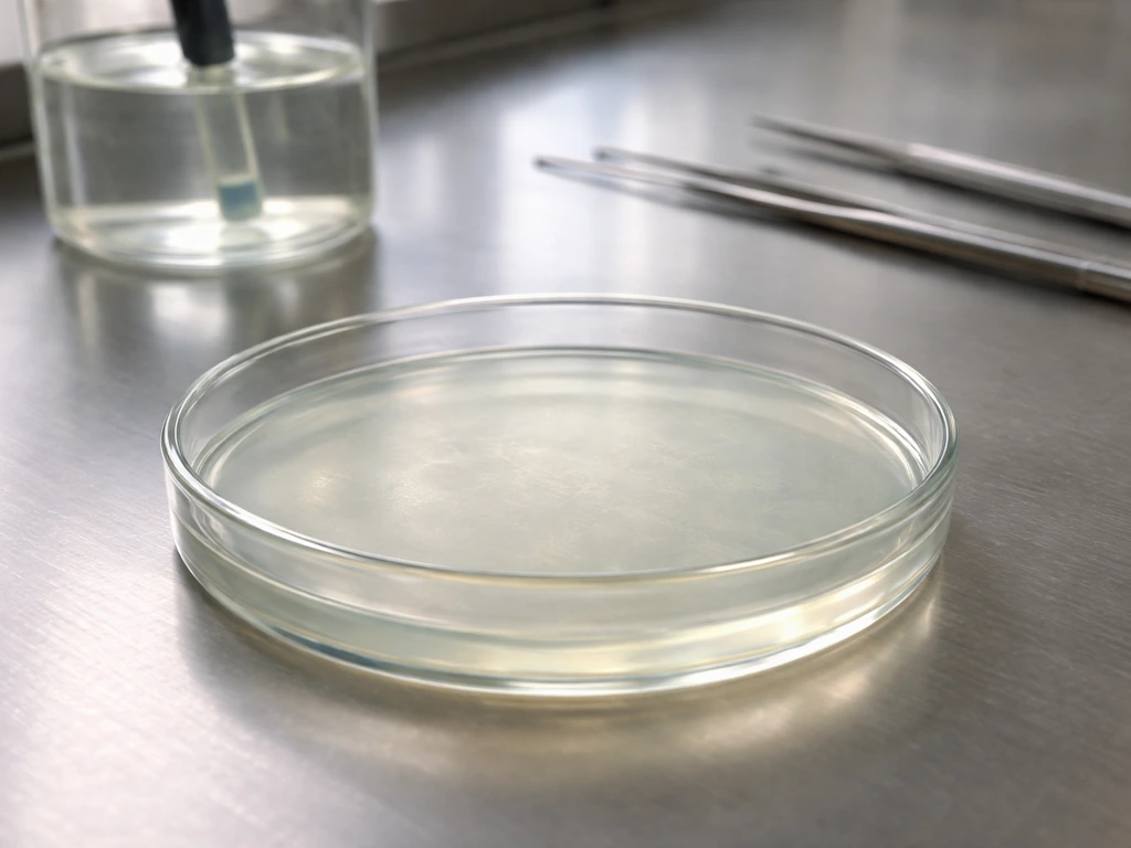 Laboratory petri dish on a stainless bench with a blurred pH probe, suggesting culturing near neutral conditions.