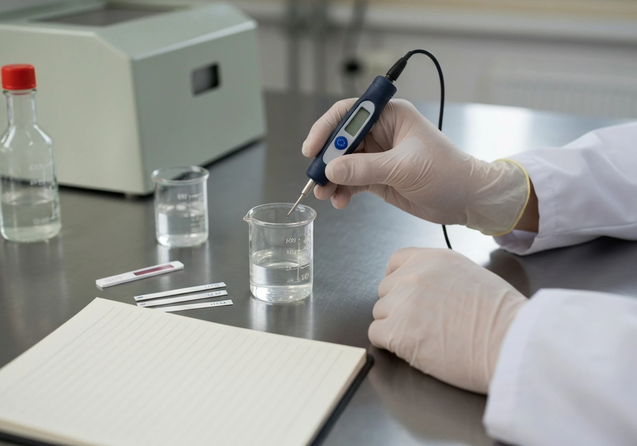 Gloved hands calibrating a pH probe and measuring a sample in a quiet lab bench setup.