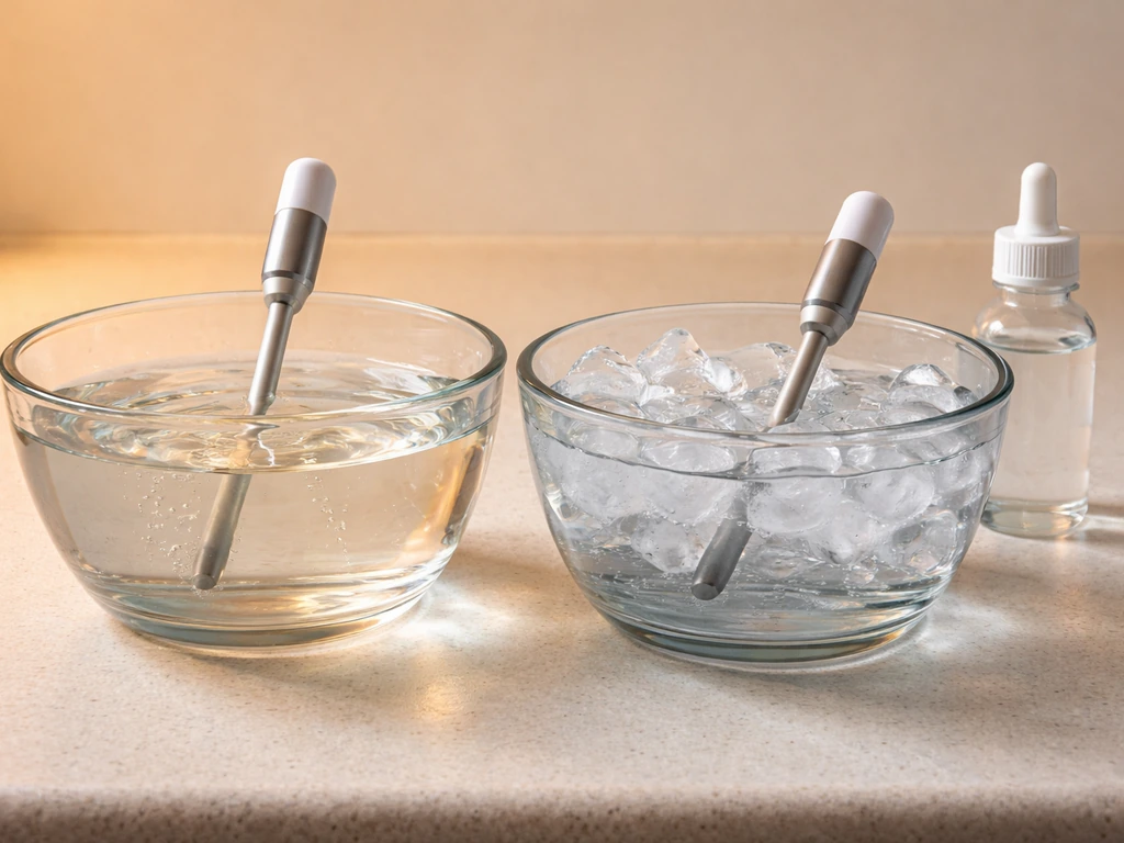 Two side-by-side water containers showing warm room temp versus refrigerated ice bath, with pH/oxygen cues.