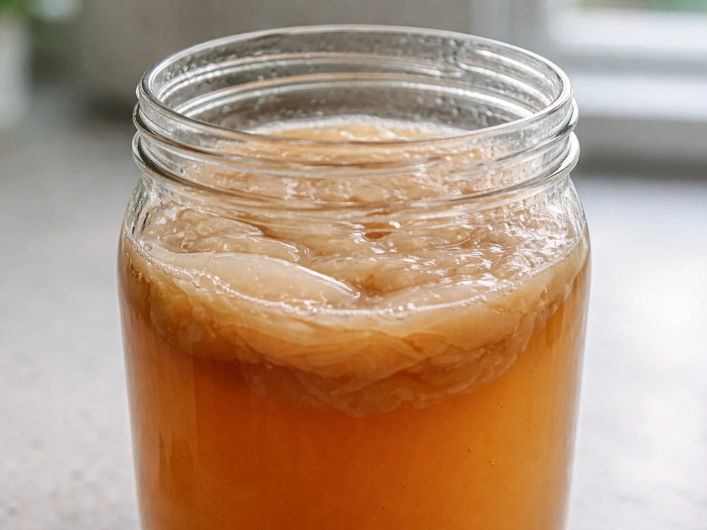Clear jar of raw apple cider vinegar with a layered SCOBY pellicle forming on top, with condensation.