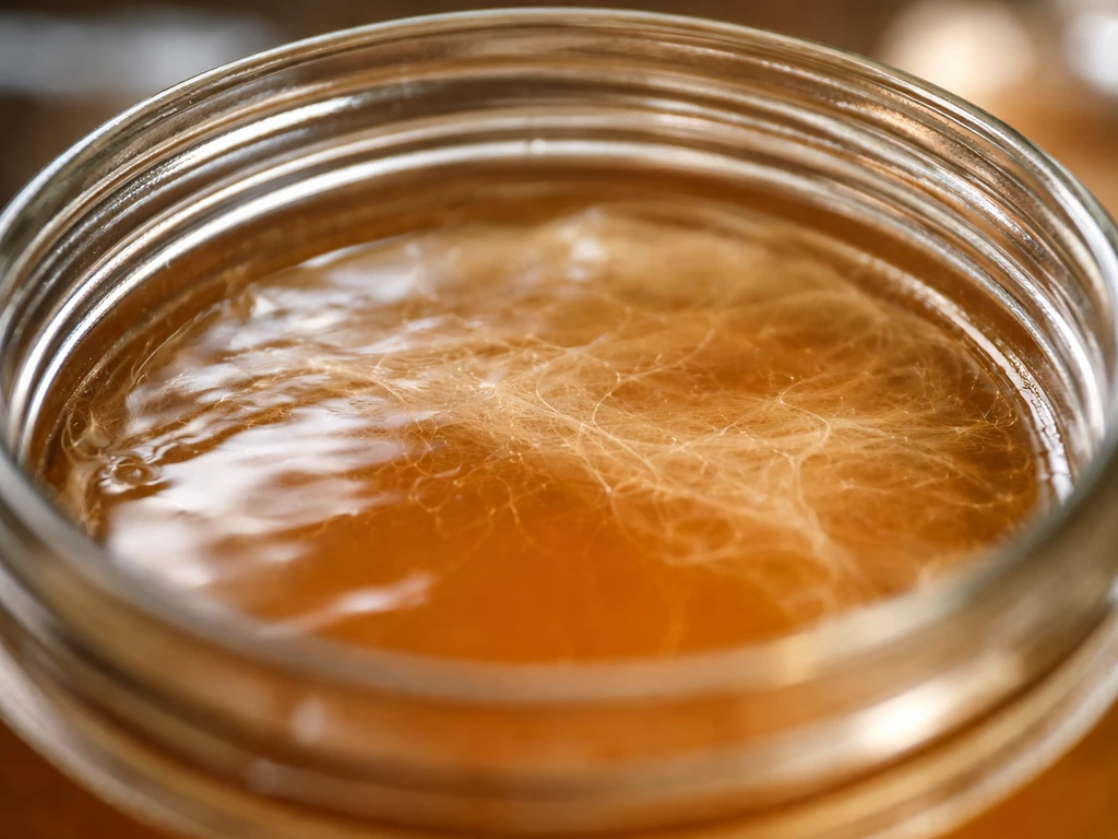 Close-up of a vinegar-like liquid surface showing a thin cellulose biofilm forming with warm, oxygen exposure.