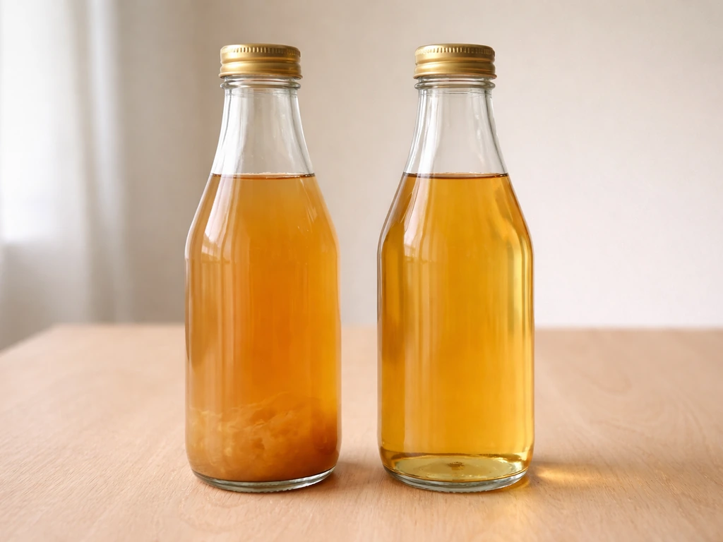 Two glass bottles of ACV side by side: cloudy raw with sediment and clear pasteurized