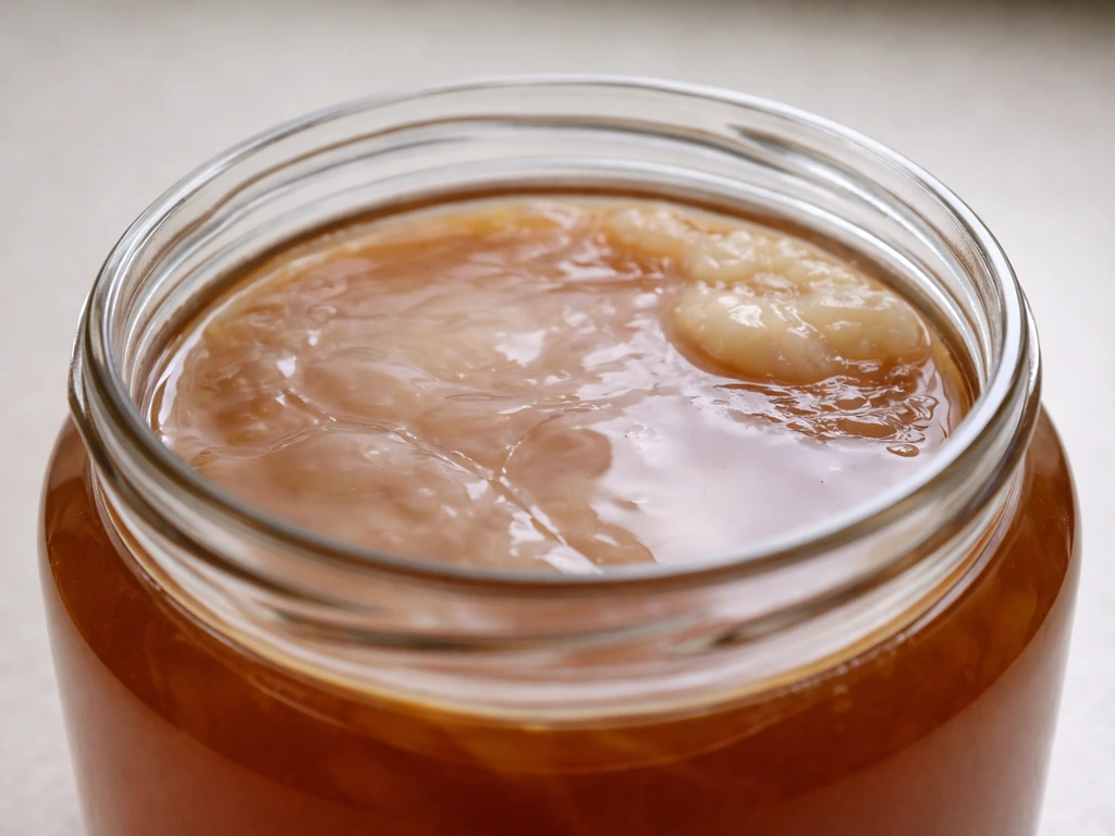 Close-up of a clear jar’s surface showing thin translucent pellicle film with subtle wrinkled layers.