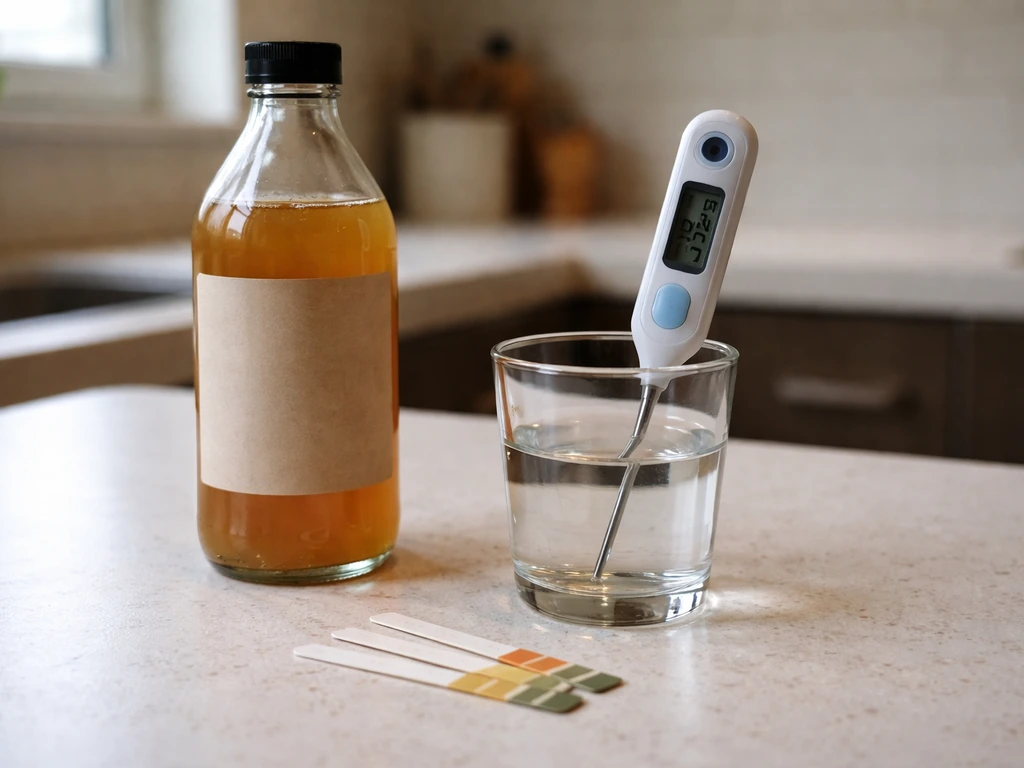 Amber apple cider vinegar bottle next to thermometer, pH test strips, and a clear container on a countertop.