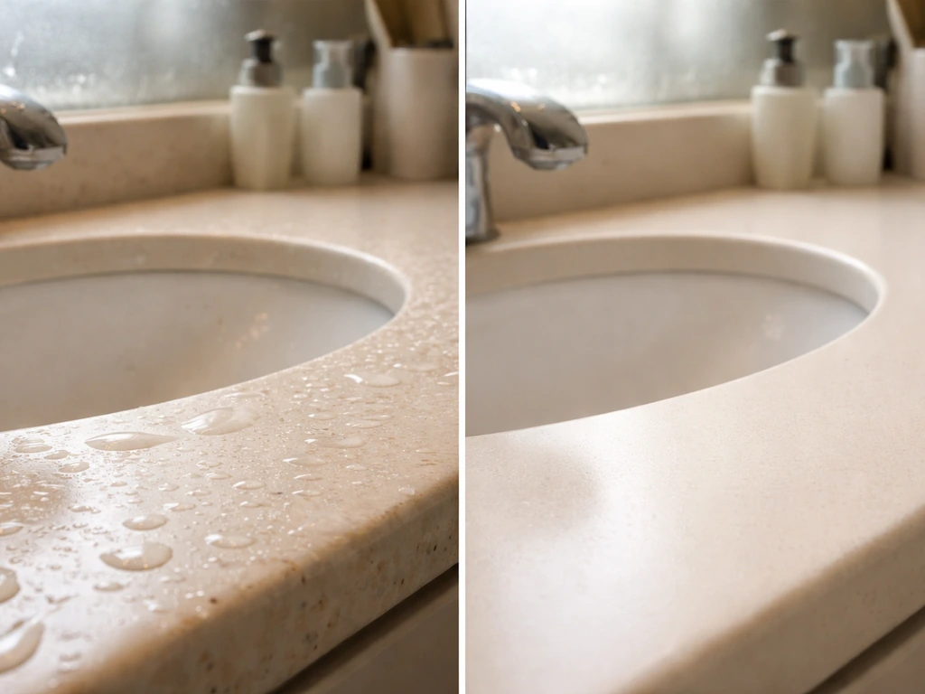 Split view of damp, grimy bathroom surface vs clean, dry countertop showing where germs thrive.