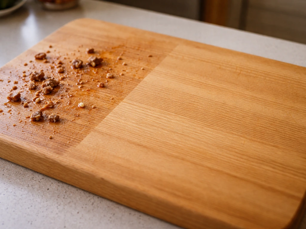 Wooden cutting board with visible food residue on one side and a clean control area beside it.