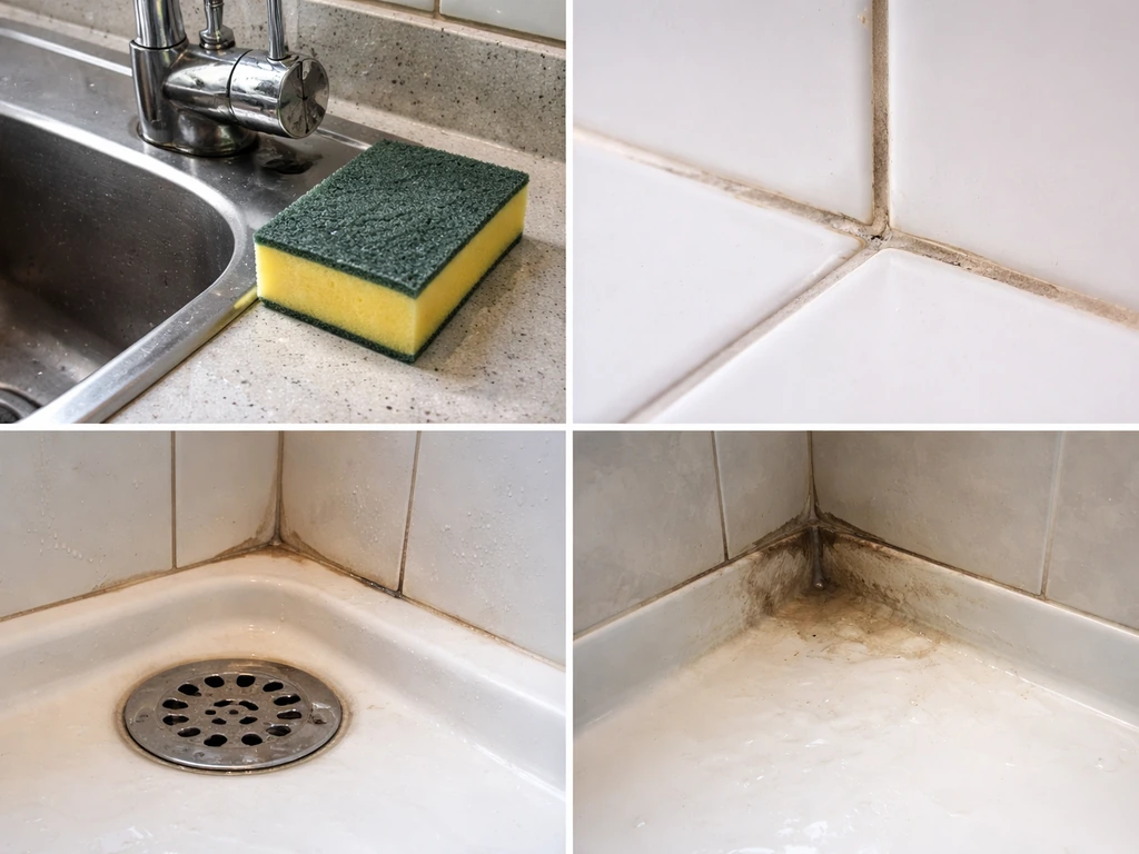View of a kitchen sink sponge and nearby sink, grout, and damp shower areas showing moisture-rich spots.