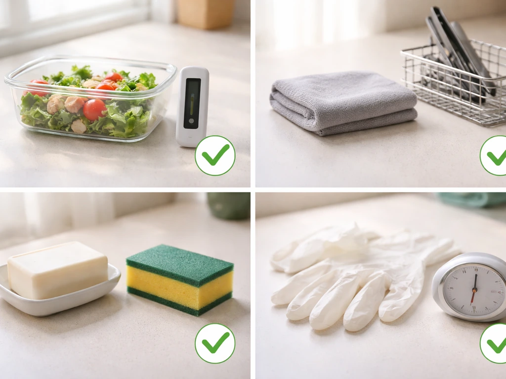 Minimal kitchen countertop showing four prevention items: drying, cleaning tools, gloves, and temperature control icons.