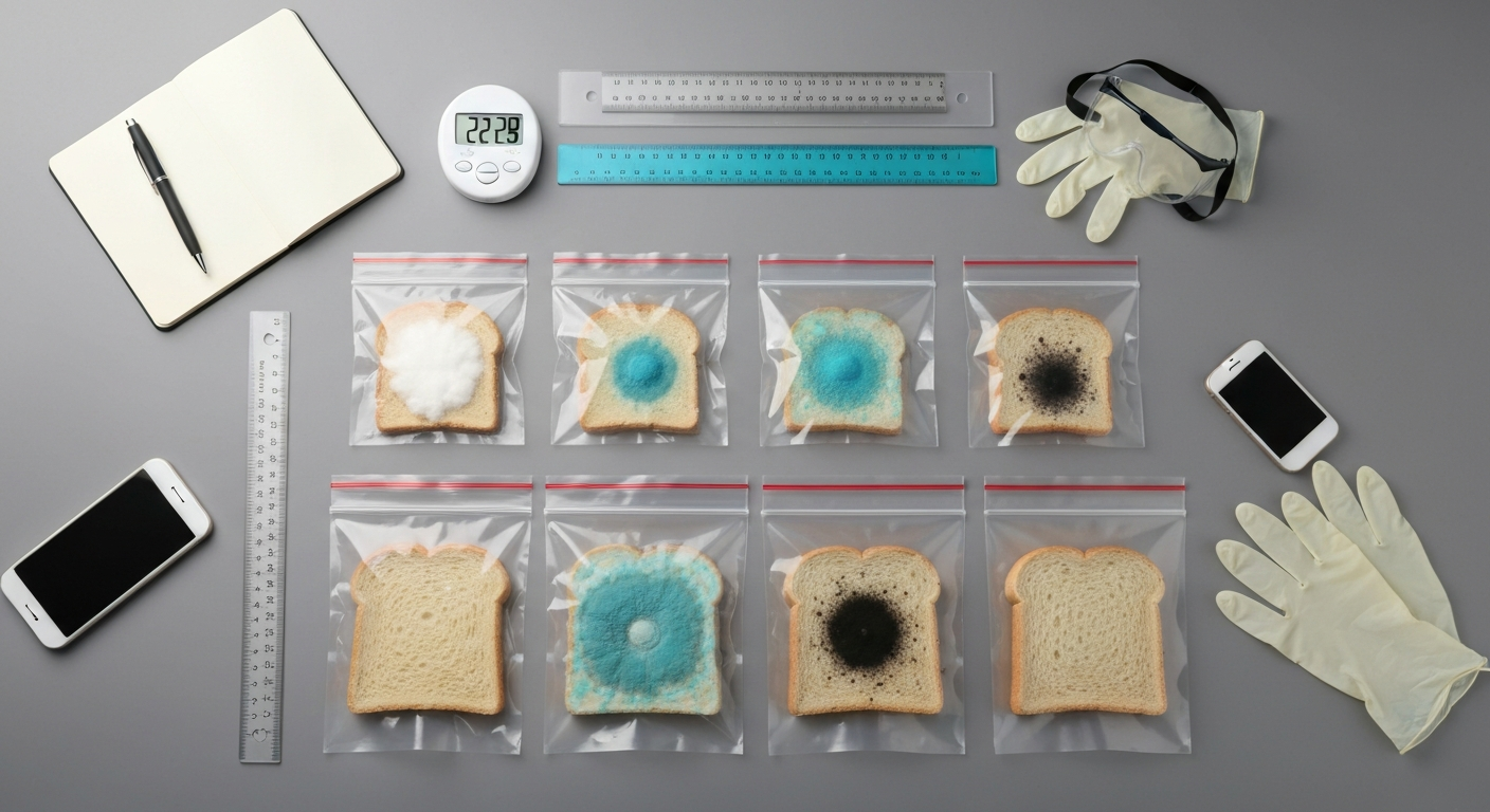 Top-down view of a classroom bread-mold experiment: sealed clear bags with bread slices showing different mold colonies (white cottony, blue-green, black), ruler for scale, thermometer/hygrometer, gloves, safety goggles and notebook—clean educational setup.