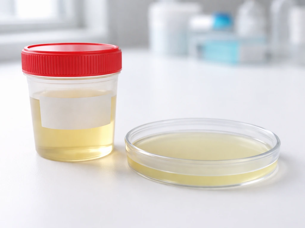 Sterile urine specimen container and culture Petri dish with clean agar and no visible bacterial colonies