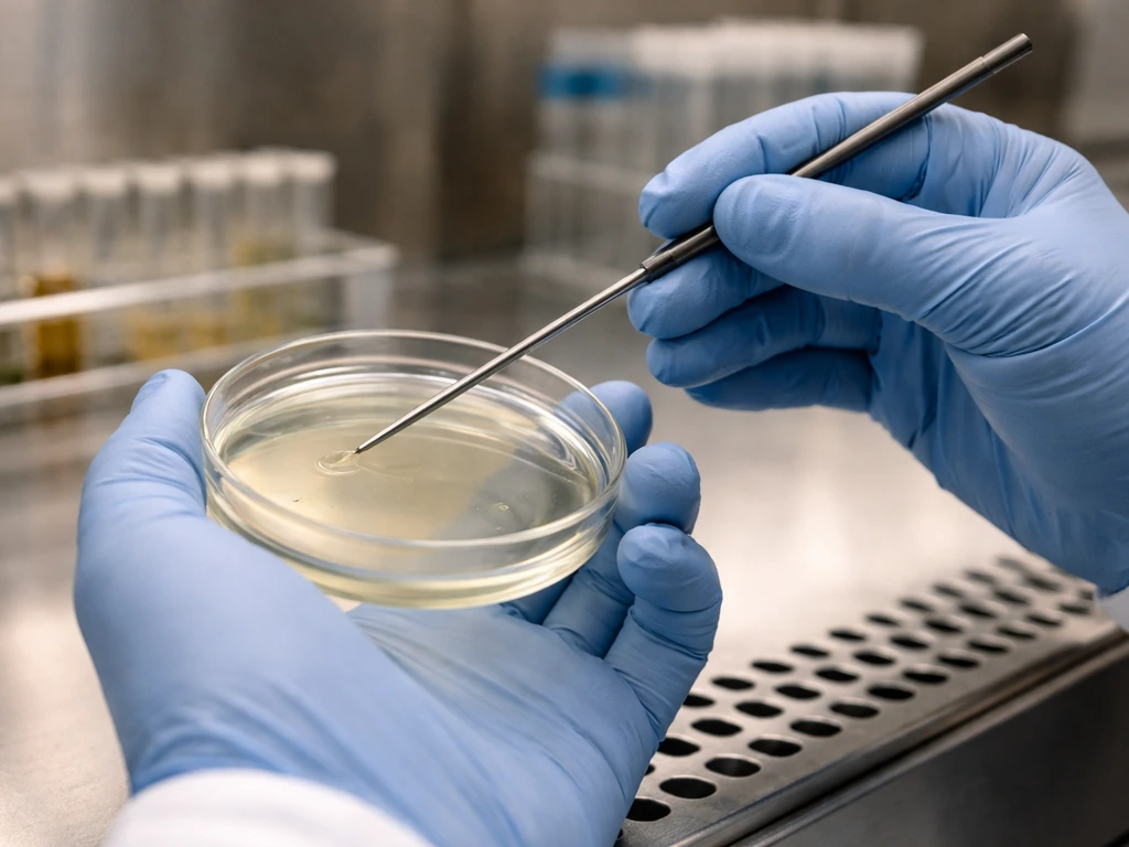 Gloved hands streak urine onto agar using a calibrated loop in a clean lab bench.