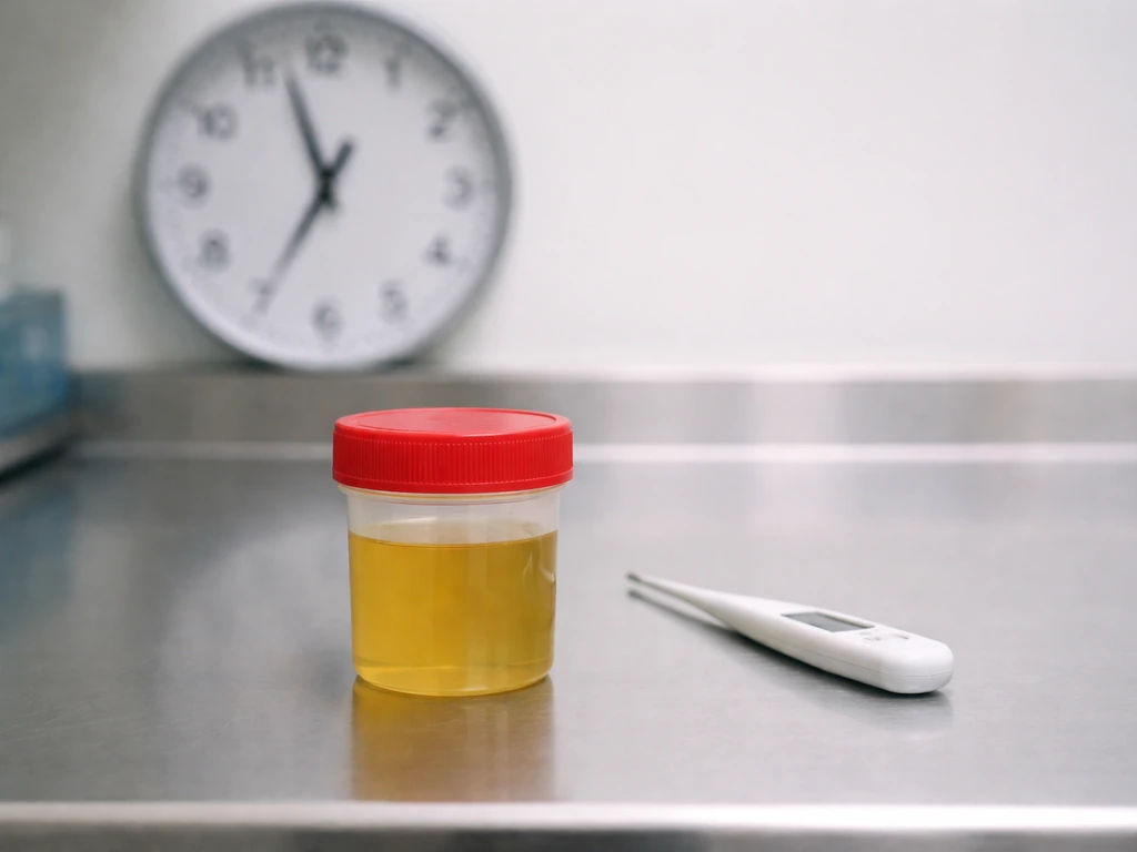 Lidded urine specimen cup left on a lab bench beside a wall clock, showing delayed handling