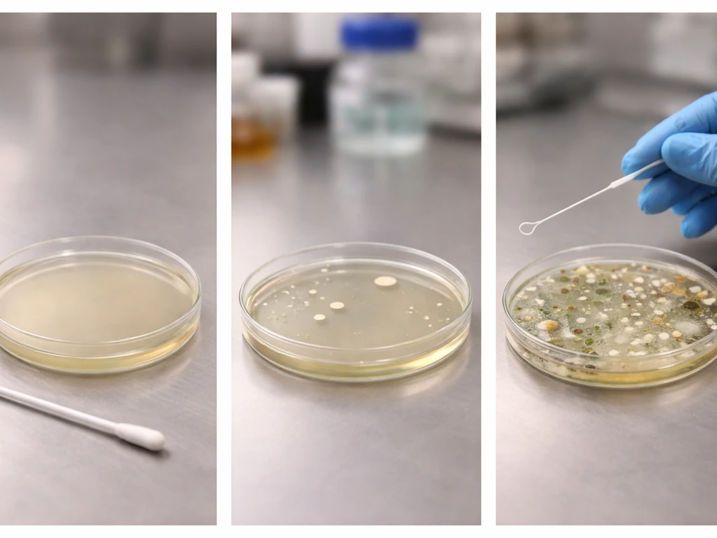 Three lab culture plates side-by-side: empty no-growth, sparse mixed growth, and dense contamination.