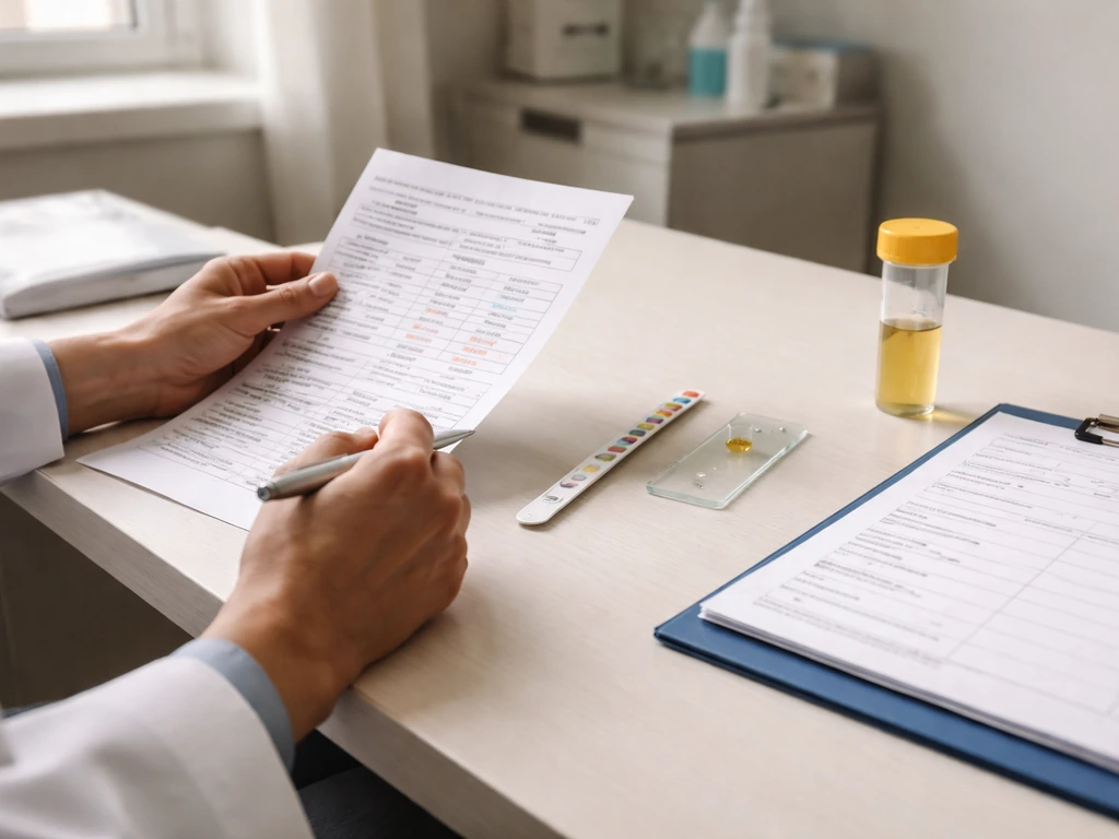 Clinician’s hands reviewing urinalysis tools on a clinic desk with dipstick, slide, and urine tube.