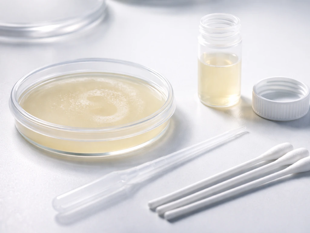 Close-up of sterile lab items preparing yeast-focused culture, showing fungal urine testing workflow.