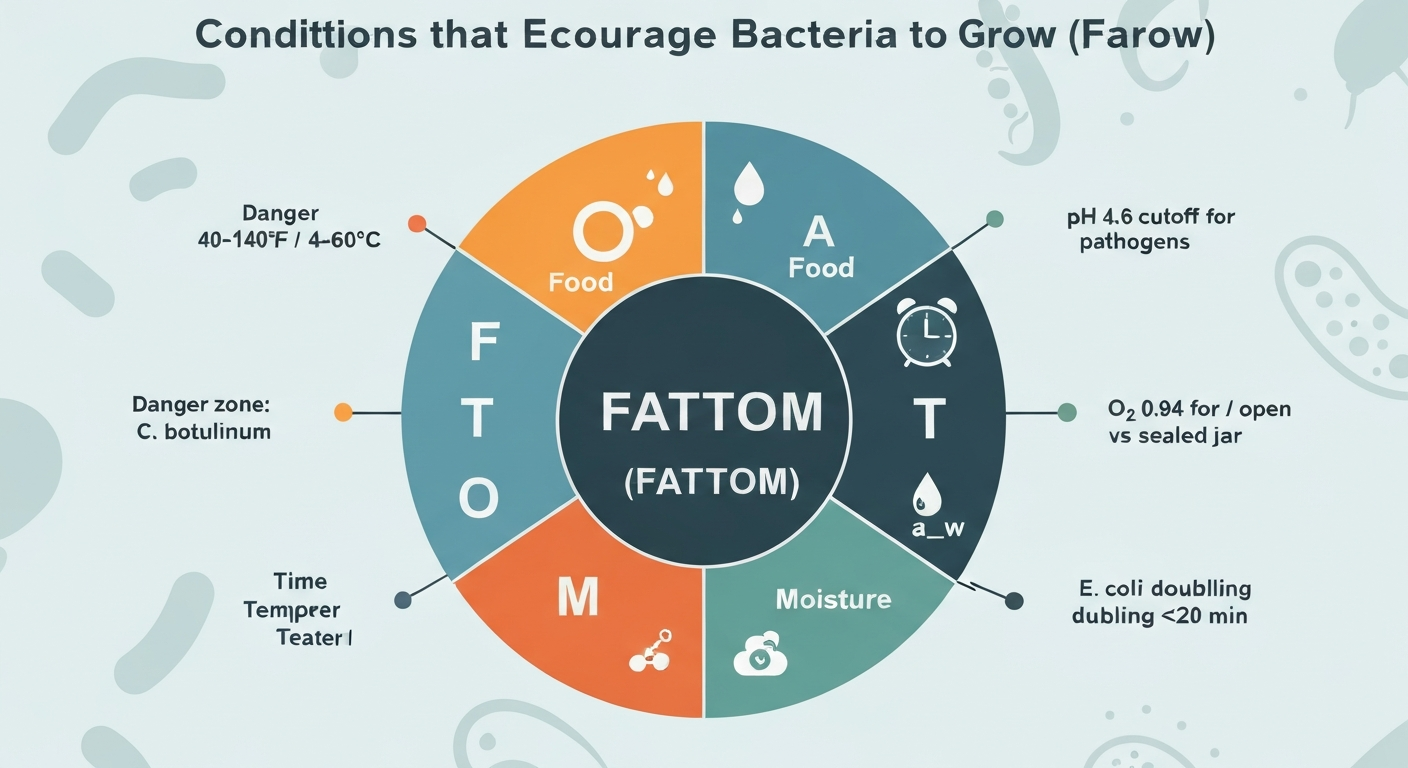 Infographic wheel showing FATTOM factors (Food, Acidity/pH, Time, Temperature, Oxygen, Moisture) with icons and brief numeric callouts.