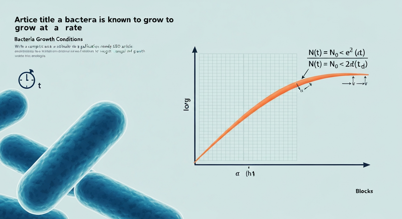 Illustration of bacteria with an overlaid exponential growth curve and the equations N(t)=N₀·e^(µt) and N(t)=N₀·2^(t/t_d), showing doubling and time labels.