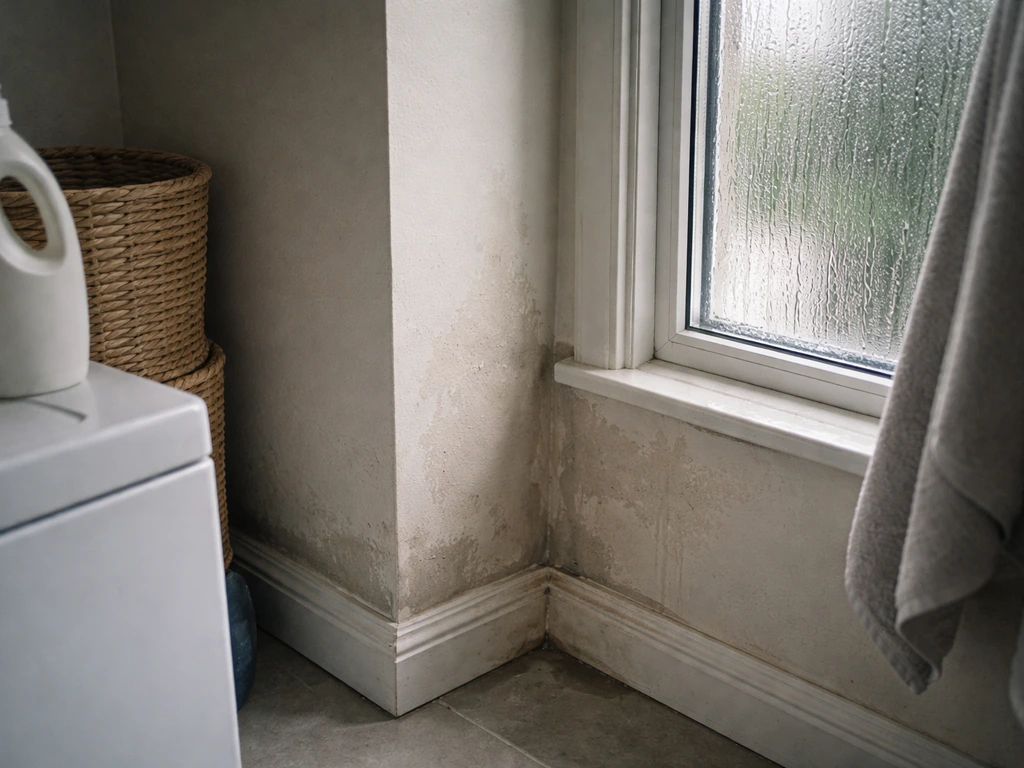 Damp indoor wall corner with moisture staining and window condensation, suggesting humidity that enables mold growth.