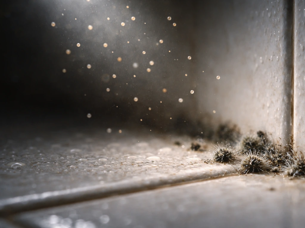Microscopic-looking spores drifting onto a damp surface, starting to form faint mold growth.