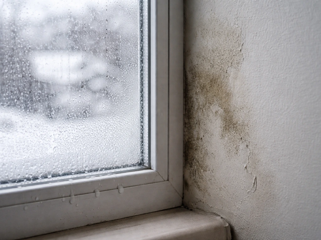 Winter window with condensation and nearby wall moisture staining indicating hidden damp spots