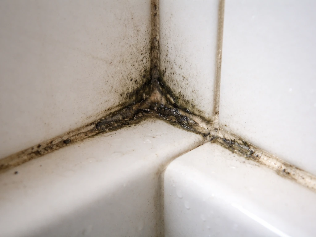 Close-up of bathroom grout with dark mold spots and damp caulk in a wet, minimal corner