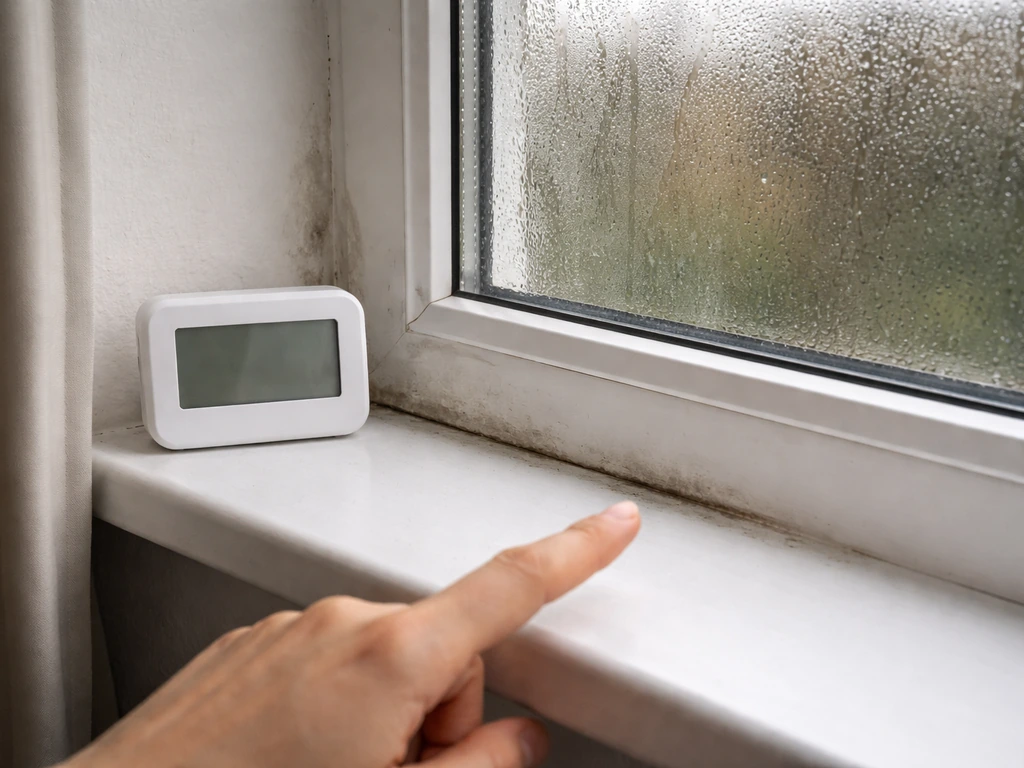 Digital hygrometer on a windowsill with condensation on the window and dampness along the frame.