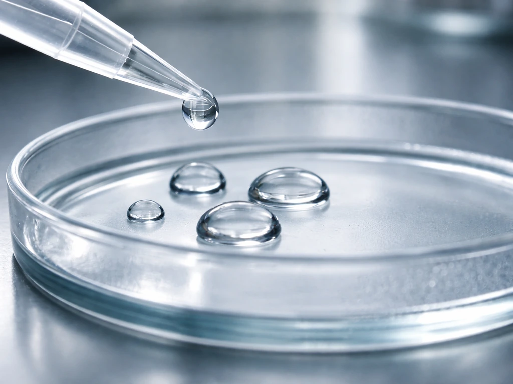 Close-up lab scene with clear glycerol droplets beside a petri dish surface under sterile conditions.
