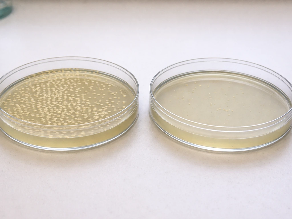 Close-up of two petri dishes: one with dense bacterial colonies, one with few sparse colonies.