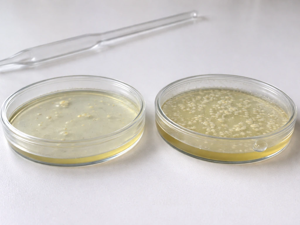 Close-up of a petri dish beside a pipette, showing muted growth where glycerol concentration is high.