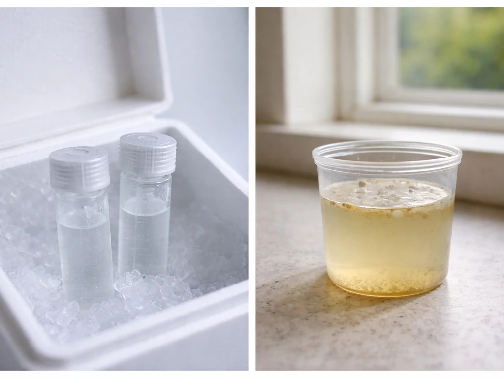 Two clear glycerol containers side-by-side: frosted cryovials versus a cloudy real-life sample with surface film.