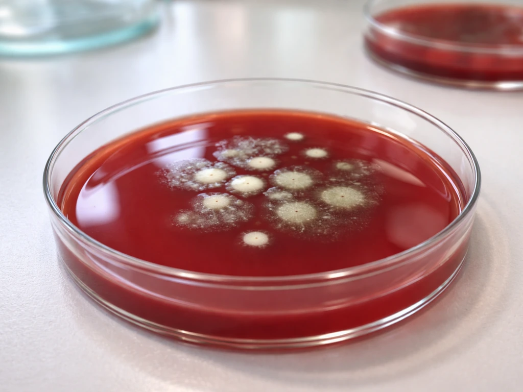 Close-up blood agar Petri dish on a lab bench showing colonies with clear hemolysis zones.