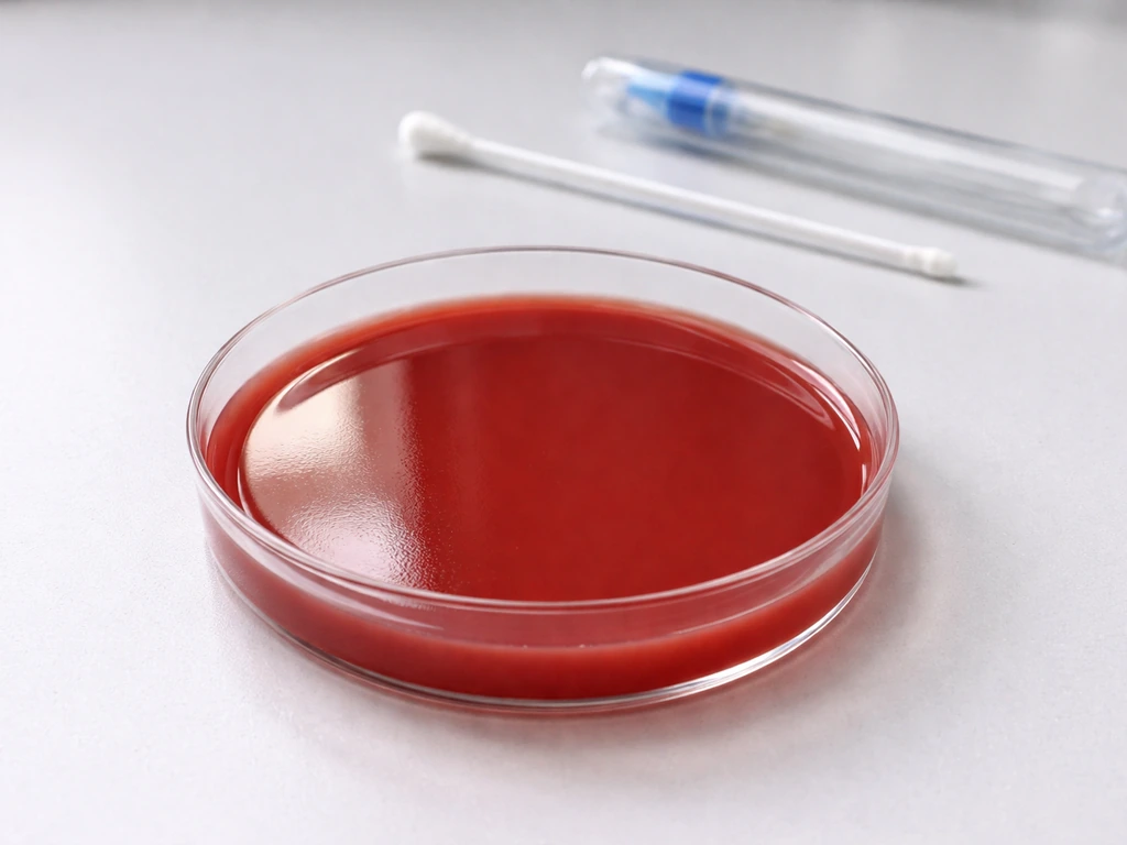 Close-up of a single blood agar plate with a reddish nutrient surface on a clean lab bench.
